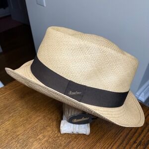 Borsalino Panama Hat Straw Fedora Brown Grosgrain Ribbon Made in Italy NEW Luxe